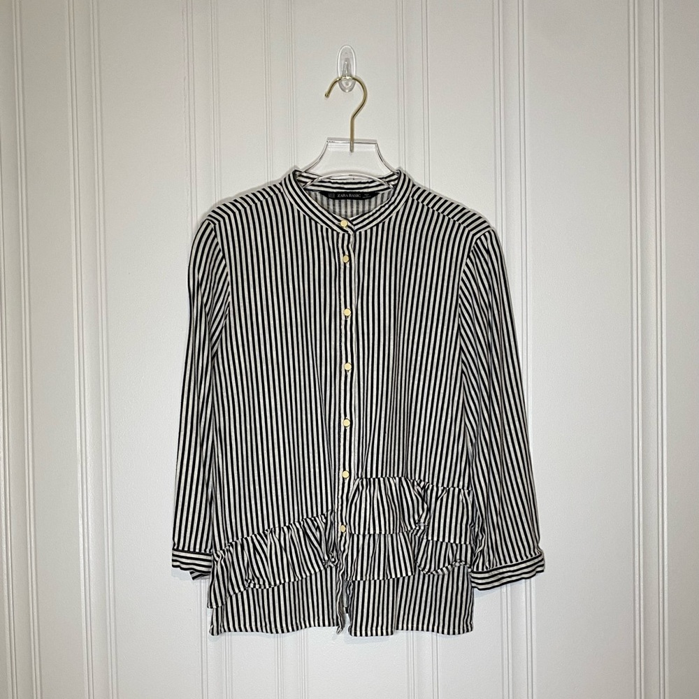 Zara Striped Button Down Shirt with Ruffles